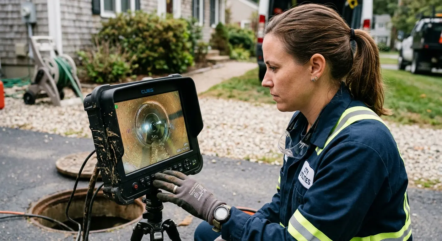 Technician reviewing sewer camera inspection footage in Acushnet