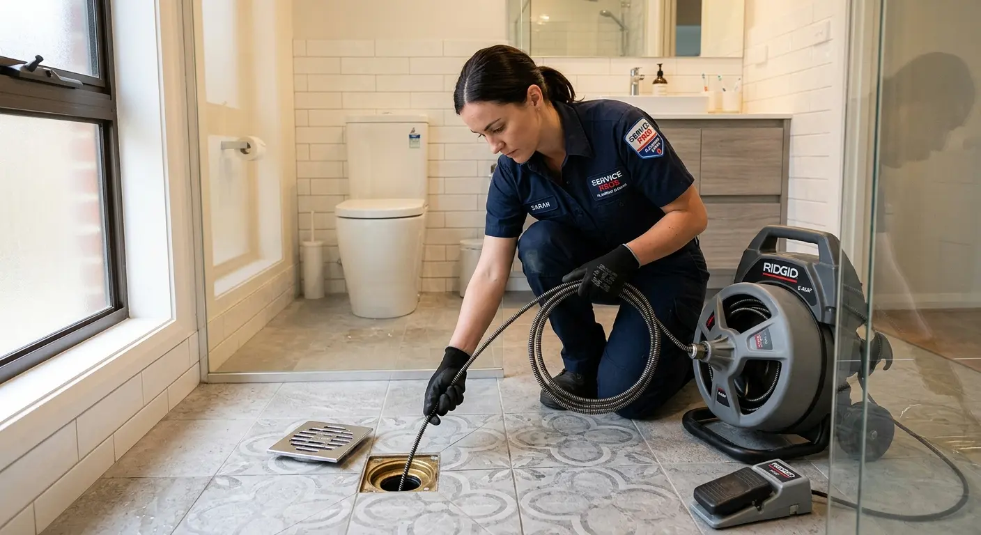 Technician clearing a bathroom floor drain for Drain Repair in Acushnet